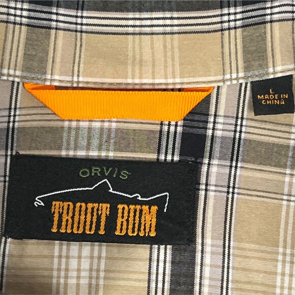 Orvis Trout Bum Sz Mens L Long-Sleeve Snap Western Fishing Shirt Tan Blk Striped - Picture 5 of 14